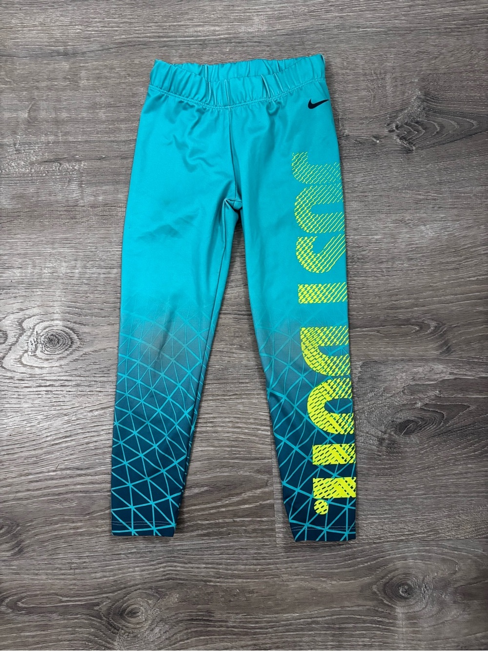 Nike Girls' 5/6 Teal Gradient Performance Leggings with Yellow Logo